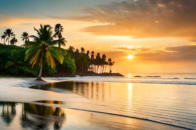 Ein Strand bei Sonnenuntergang mit Palmen und die untergehende Sonne über dem Meer.