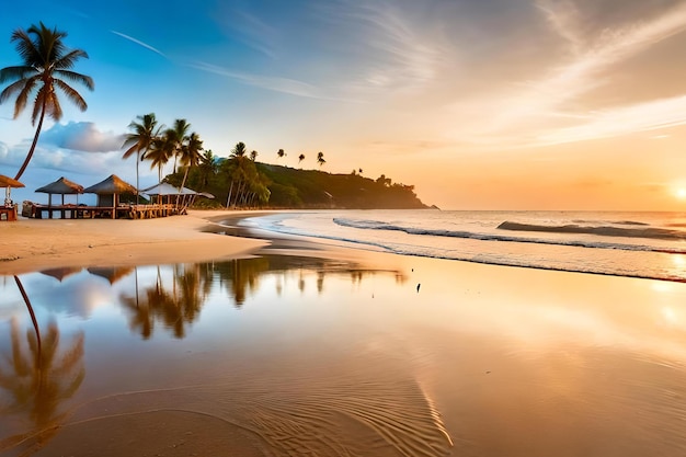 Ein Strand bei Sonnenuntergang mit Palmen und einem Haus am Strand