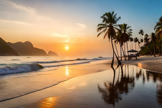 Ein Strand bei Sonnenuntergang mit Palmen und einem Sonnenuntergang im Hintergrund
