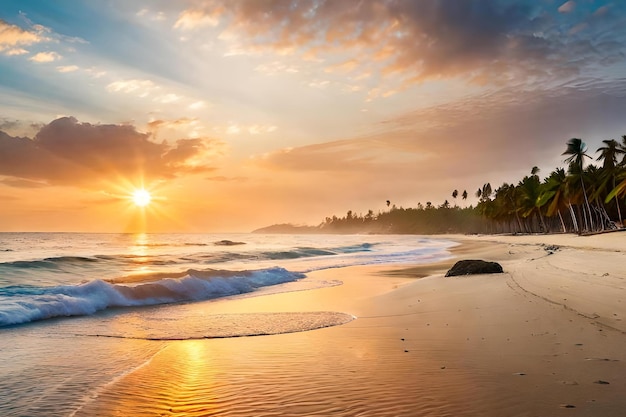 Ein Strand bei Sonnenuntergang mit Palmen und einem Sonnenuntergang im Hintergrund