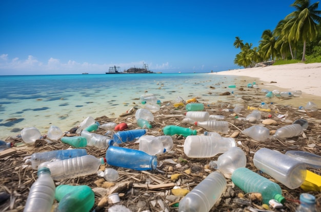 Ein Strand, der mit Plastikflaschen und Trümmern bedeckt ist, eine grausame Realität der Umweltverschmutzung