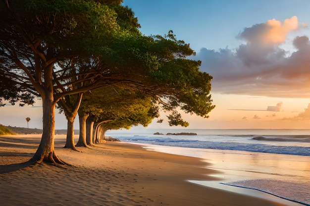 Ein Strand mit Bäumen im Sand und Sonnenuntergang