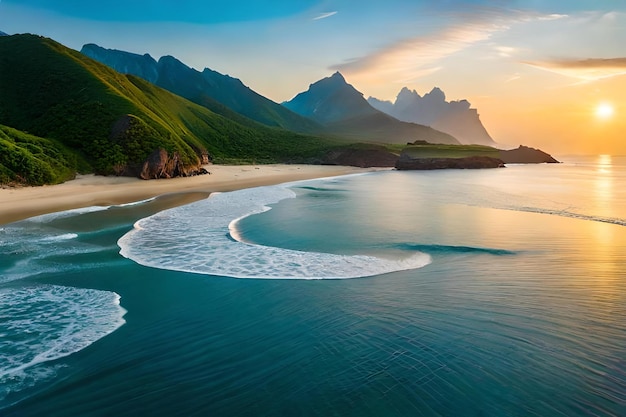 Ein Strand mit Bergen im Hintergrund