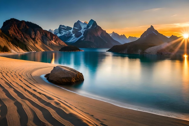 Ein Strand mit Bergen im Hintergrund