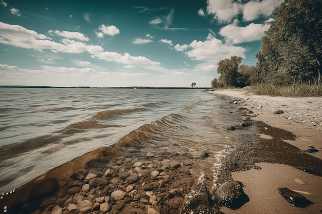 Ein Strand mit bewölktem Himmel und einem See im Hintergrund