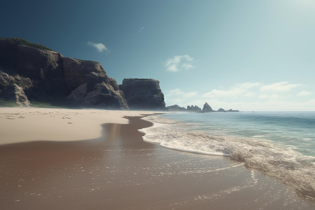 Ein Strand mit blauem Himmel und ein weißer Sandstrand mit ein paar Fußspuren im Sand.