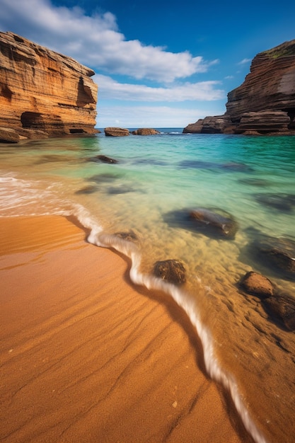 Ein Strand mit blauem Himmel und einem roten Sandstrand mit einer Klippe im Hintergrund.