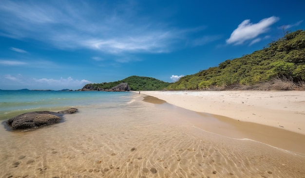 Ein Strand mit blauem Himmel und einem Sandstrand im Vordergrund