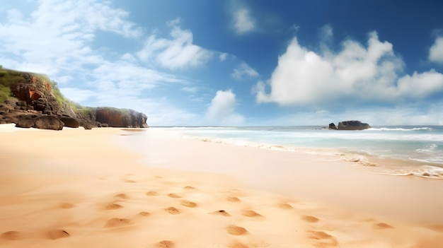 Ein Strand mit blauem Himmel und einem weißen Sandstrand im Vordergrund.