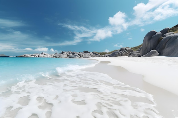 Ein Strand mit blauem Himmel und einem weißen Sandstrand mit einem Felsvorsprung im Vordergrund.