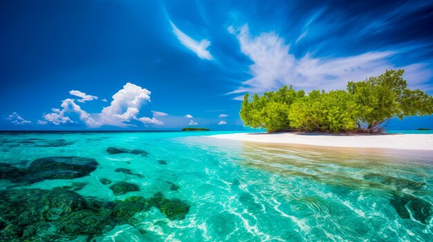 Ein Strand mit blauem Himmel und einer grünen Insel im Hintergrund