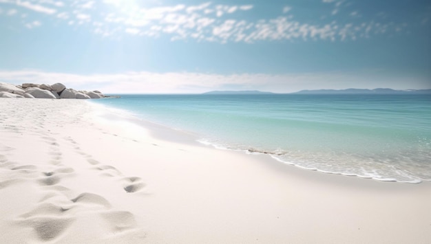 Ein Strand mit blauem Himmel und weißem Sand mit Fußabdrücken darin.