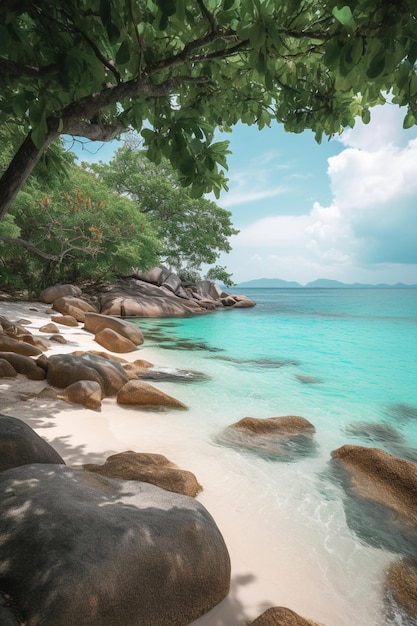 Ein Strand mit blauem Himmel und weißen Wolken