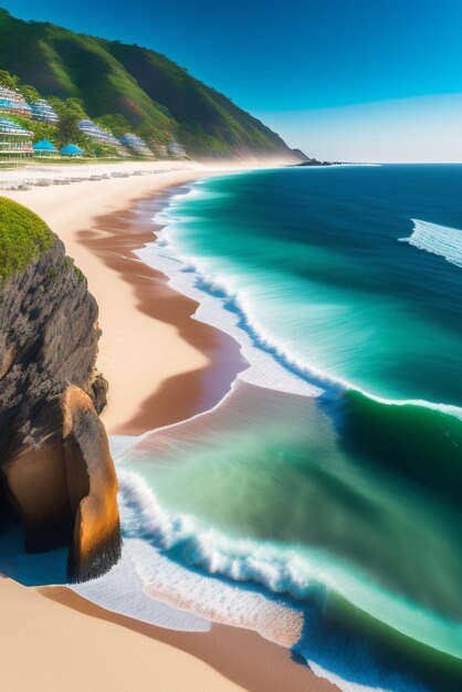 Ein Strand mit blauem Himmel und Wellen