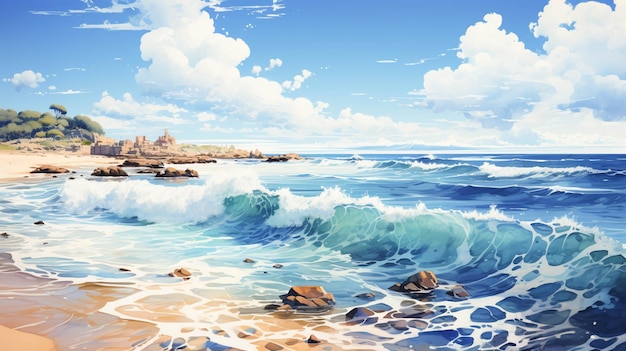 Ein Strand mit blauem Himmel und Wolken Aquarellkonzept