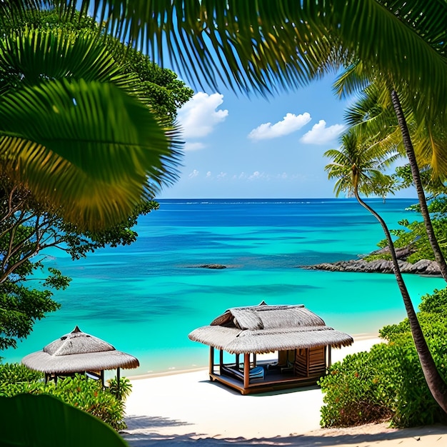 Ein Strand mit blauem Wasser und Palmen im Hintergrund