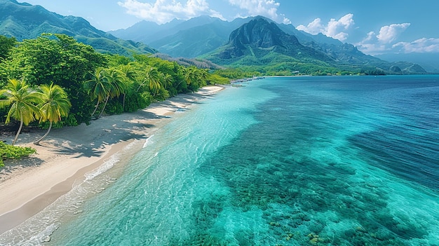 ein Strand mit Blick auf Berge und türkisfarbenes Wasser