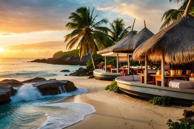 Ein Strand mit Blick auf das Meer und Palmen