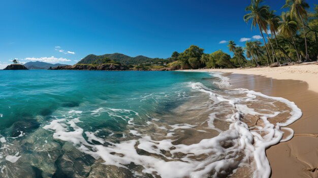 Foto ein strand mit blick auf den ozean und berge im hintergrund