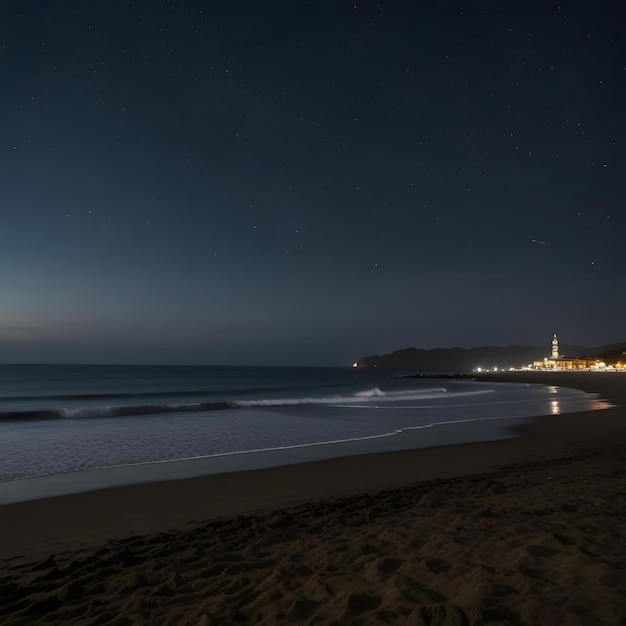 ein Strand mit Blick auf den Ozean und eine Stadt bei Nacht