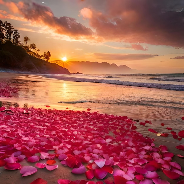 Ein Strand mit Blumen und Bergen im Hintergrund