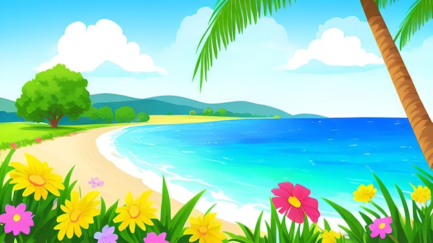 Ein Strand mit Blumen und einem blauen Meer