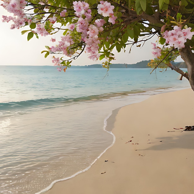 ein Strand mit einem Baum und dem Ozean im Hintergrund