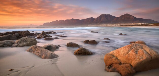 Ein Strand mit einem Berg im Hintergrund