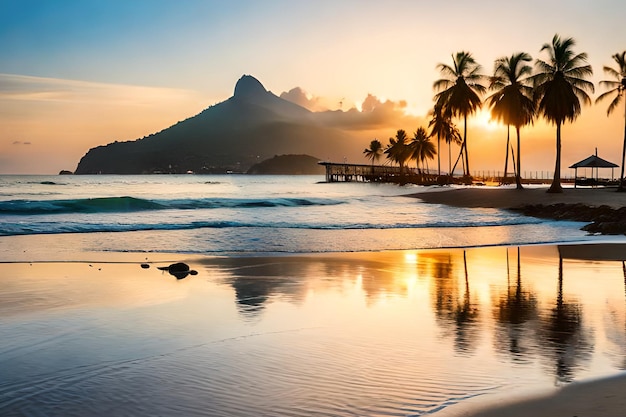 Ein Strand mit einem Berg im Hintergrund