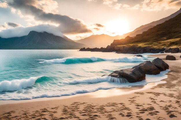 ein Strand mit einem Berg im Hintergrund