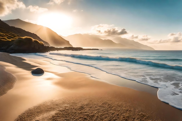 ein Strand mit einem Berg im Hintergrund