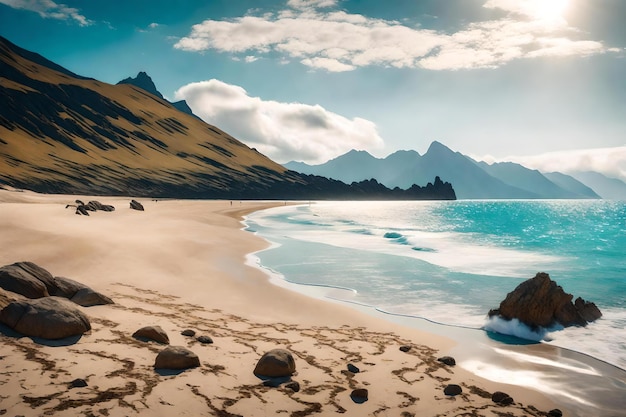 ein Strand mit einem Berg im Hintergrund