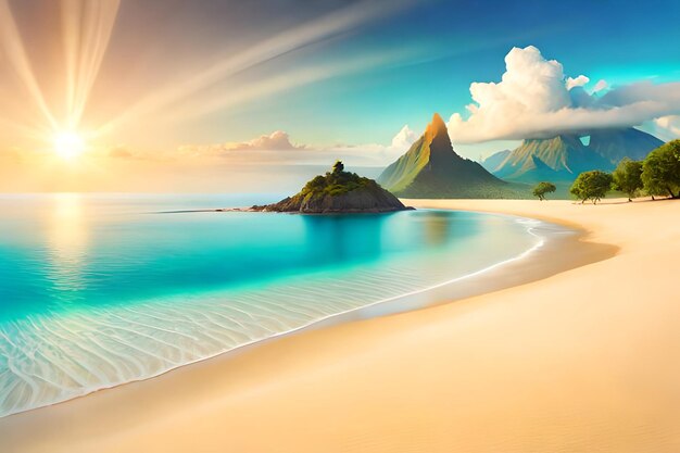 Foto ein strand mit einem berg und einem blauen himmel