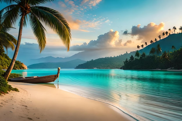 Ein Strand mit einem Boot darauf und Palmen im Hintergrund