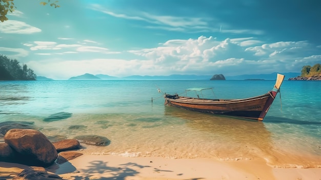 Ein Strand mit einem Boot und einem bewölkten Himmel