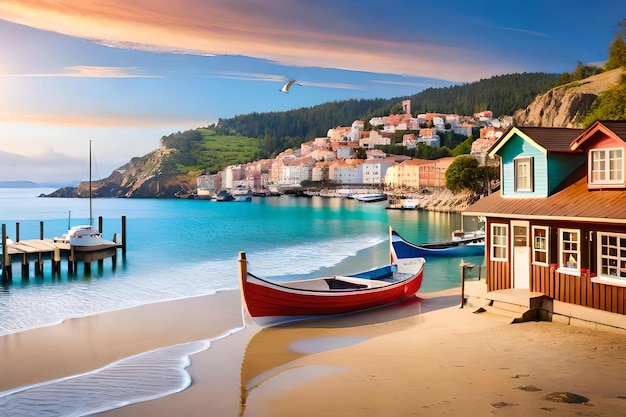 Ein Strand mit einem Boot und einem Boot auf dem Wasser