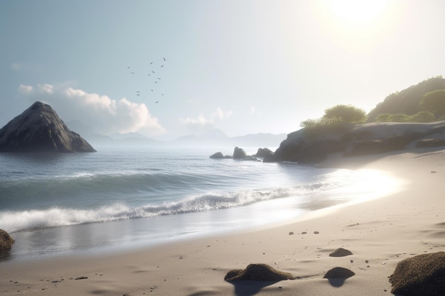 Ein Strand mit einem Felsvorsprung und einem blauen Himmel mit Wolken und einem am Himmel fliegenden Vogel.