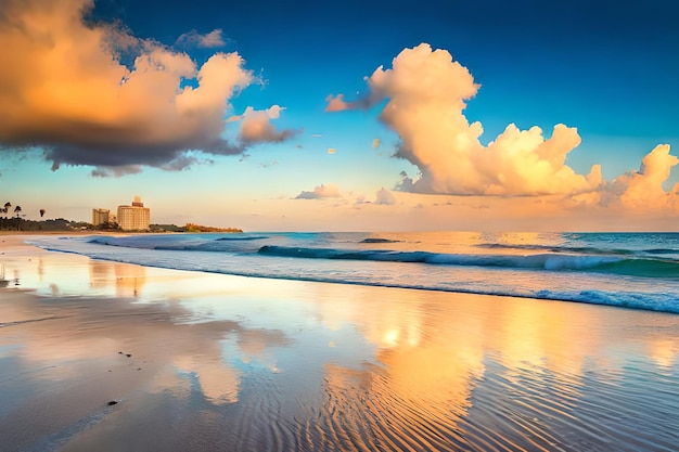 Ein Strand mit einem Gebäude im Hintergrund