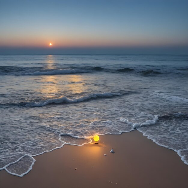 ein Strand mit einem gelben Ball auf dem Sand und einem Beachball im Vordergrund