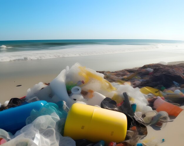 Ein Strand mit einem gelben Container und einem blauen Container darauf.