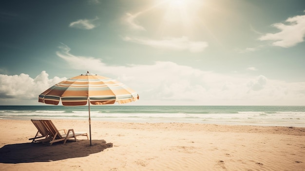 Ein Strand mit einem gestreiften Regenschirm und einem Sonnenschirm darauf