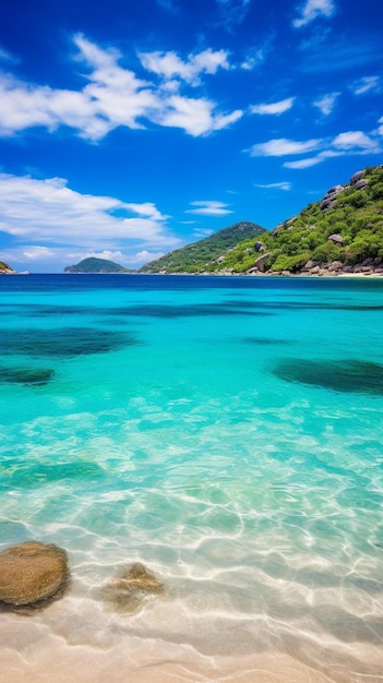 Foto ein strand mit einem grünen berg im hintergrund