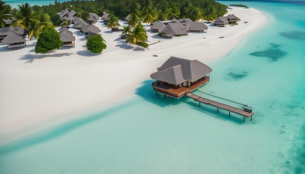 ein Strand mit einem Haus auf dem Sand und Palmen am Wasser