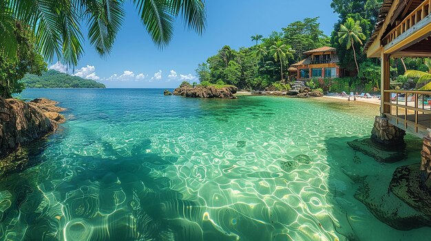 Foto ein strand mit einem haus auf der linken seite und einem palmbaum auf der rechten seite