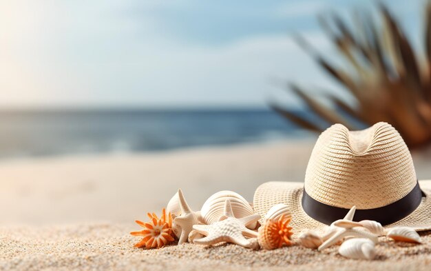 Foto ein strand mit einem hut und muscheln darauf