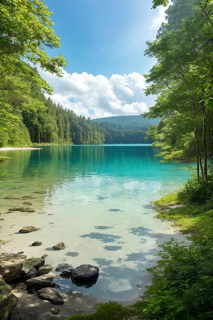 Ein Strand mit einem kristallklaren See und einem üppigen grünen Wald im Hintergrund wurde generiert