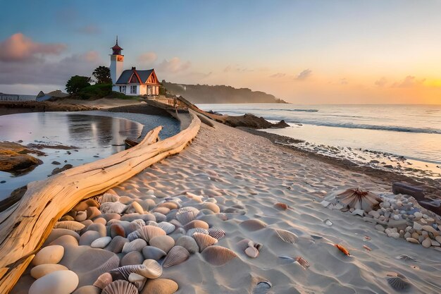 Foto ein strand mit einem leuchtturm im hintergrund