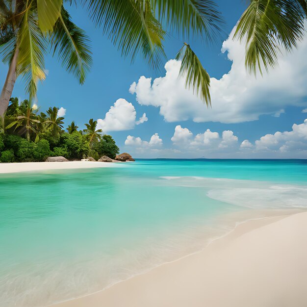 Foto ein strand mit einem palmbaum und einem strand im hintergrund