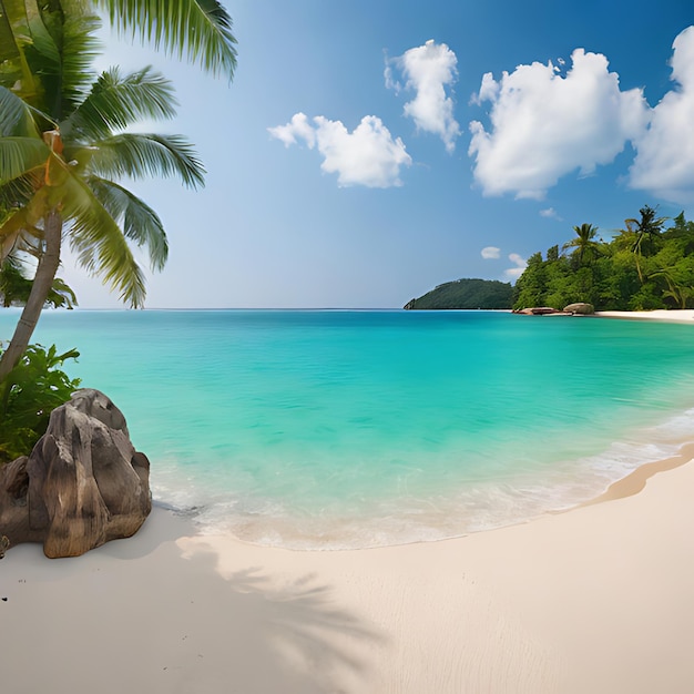 Foto ein strand mit einem palmbaum und einem strand im hintergrund