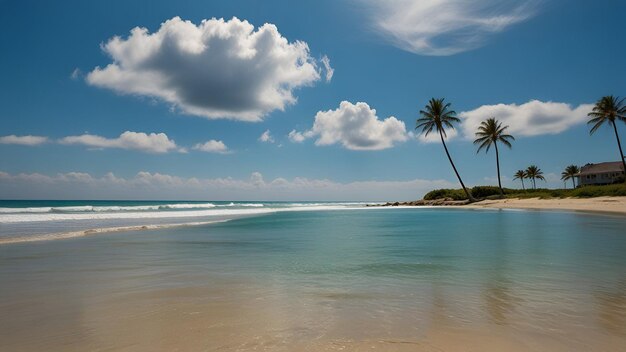 Foto ein strand mit einem palmbaum und einem strand im hintergrund